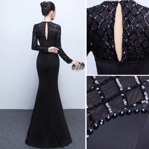 Chic / Belle Couleur Unie Noire Robe De Soirée 2019 Trompette / Sirène Encolure Dégagée Perlage Cristal Paillettes Manches Longues Dos Nu Longue Robe De Ceremonie
