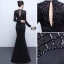 Chic / Belle Couleur Unie Noire Robe De Soirée 2019 Trompette / Sirène Encolure Dégagée Perlage Cristal Paillettes Manches Longues Dos Nu Longue Robe De Ceremonie