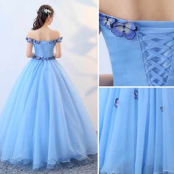 Chic / Beautiful Pool Blue Prom Dresses 2019 A-Line / Princess Off-The-Shoulder Lace Butterfly Sleeveless Backless Floor-Length / Long Formal Dresses