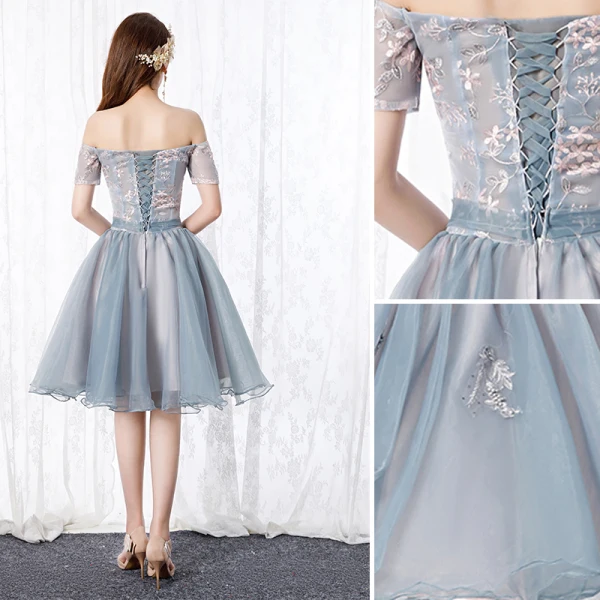 Chic / Beautiful Silver Cocktail Dresses 2019 A-Line / Princess Off-The-Shoulder Bow Pearl Lace Flower Short Sleeve Backless Short Formal Dresses