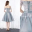 Chic / Beautiful Silver Cocktail Dresses 2019 A-Line / Princess Off-The-Shoulder Bow Pearl Lace Flower Short Sleeve Backless Short Formal Dresses