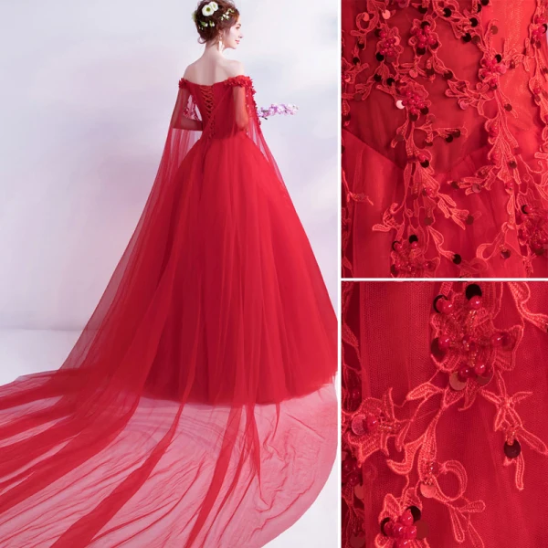 Affordable Red Wedding Dresses 2019 A-Line / Princess Off-The-Shoulder Beading Sequins Appliques Lace Flower Short Sleeve Backless Watteau Train