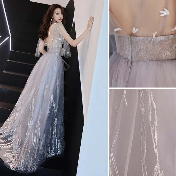 Élégant Gris Robe De Soirée 2019 Princesse V-Cou Noeud En Dentelle Fleur 1/2 Manches Dos Nu Longue Robe De Ceremonie