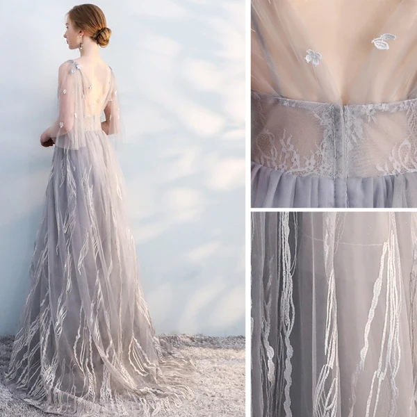 Chic / Beautiful Grey Evening Dresses 2019 A-Line / Princess V-Neck Bow Lace Flower 1/2 Sleeves Backless Sweep Train Formal Dresses