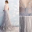 Chic / Beautiful Grey Evening Dresses  2019 A-Line / Princess V-Neck Bow Lace Flower 1/2 Sleeves Backless Sweep Train Formal Dresses
