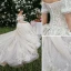 High-end Champagne Wedding Dresses 2019 A-Line / Princess Off-The-Shoulder Beading Lace Flower Short Sleeve Backless Cathedral Train