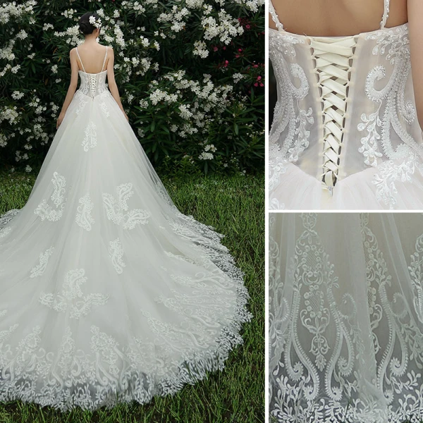 Schöne Champagner Brautkleider / Hochzeitskleider 2019 A Linie Spaghettiträger Perlenstickerei Strass Spitze Blumen Ärmellos Rückenfreies Kathedrale Schleppe