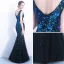 Chic / Belle Bleu Marine Robe De Soirée 2018 Trompette / Sirène Paillettes V-Cou Dos Nu Sans Manches Longue Robe De Ceremonie