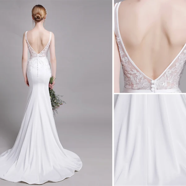Chic / Beautiful White Wedding Dresses 2019 Trumpet / Mermaid V-Neck Lace Flower Sleeveless Backless Sweep Train
