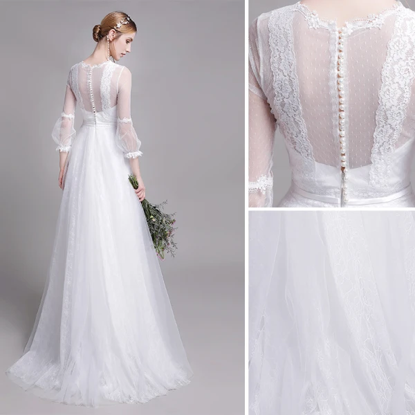 Modest / Simple White Beach Wedding Dresses 2019 A-Line / Princess Scoop Neck Pearl Lace Flower 3/4 Sleeve Floor-Length / Long
