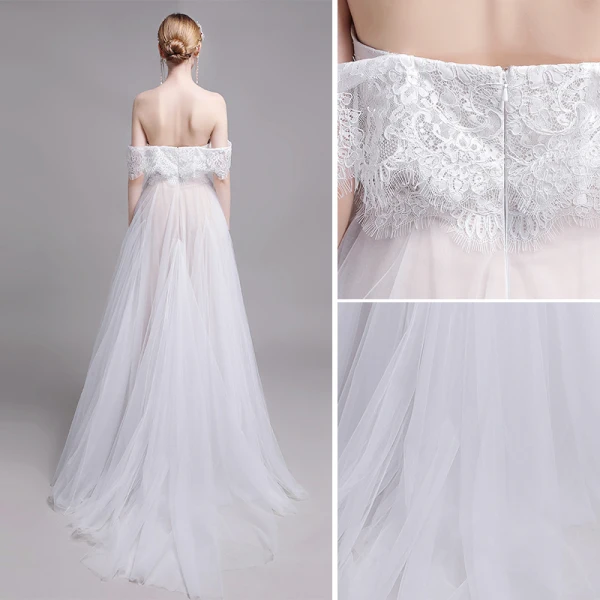 Chic / Beautiful White Beach Wedding Dresses 2019 A-Line / Princess Off-The-Shoulder Lace Flower Short Sleeve Backless Floor-Length / Long