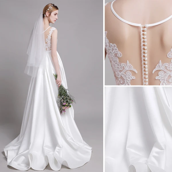 Edles Weiß Strand Brautkleider / Hochzeitskleider 2019 A Linie Rundhalsausschnitt Perle Spitze Blumen Ärmellos Rückenfreies Sweep / Pinsel Zug