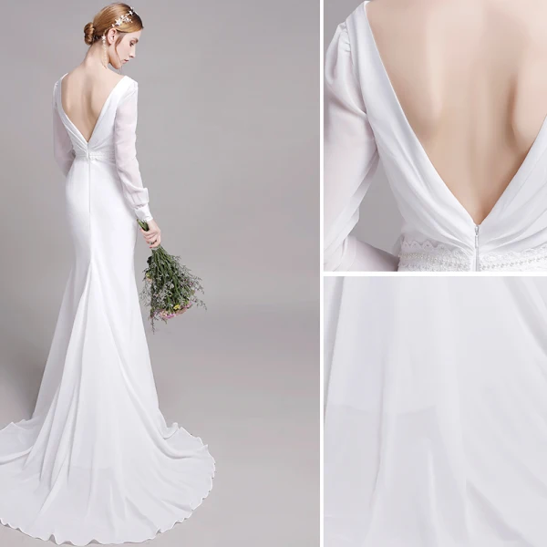 Charmant Couleur Unie Blanche Plage Robe De Mariée 2019 Trompette / Sirène V-Cou Perle En Dentelle Fleur Ceinture Manches Longues Dos Nu Train De Balayage