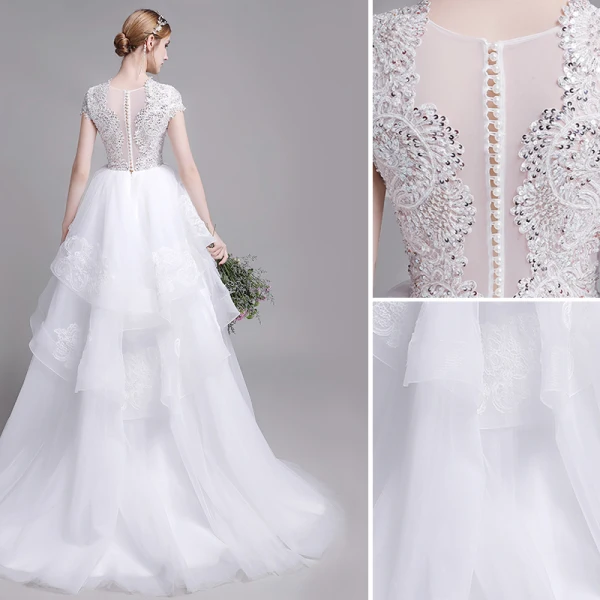 High End Weiß Brautkleider / Hochzeitskleider 2019 A Linie Rundhalsausschnitt Handgefertigt Perlenstickerei Perle Spitze Blumen Pailletten Kurze Ärmel Fallende Rüsche Hof-Schleppe