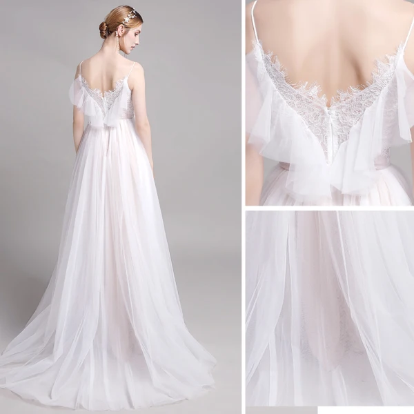 Chic / Belle Champagne Plage Robe De Mariée 2019 Princesse Bretelles Spaghetti En Dentelle Fleur Sans Manches Dos Nu Train De Balayage