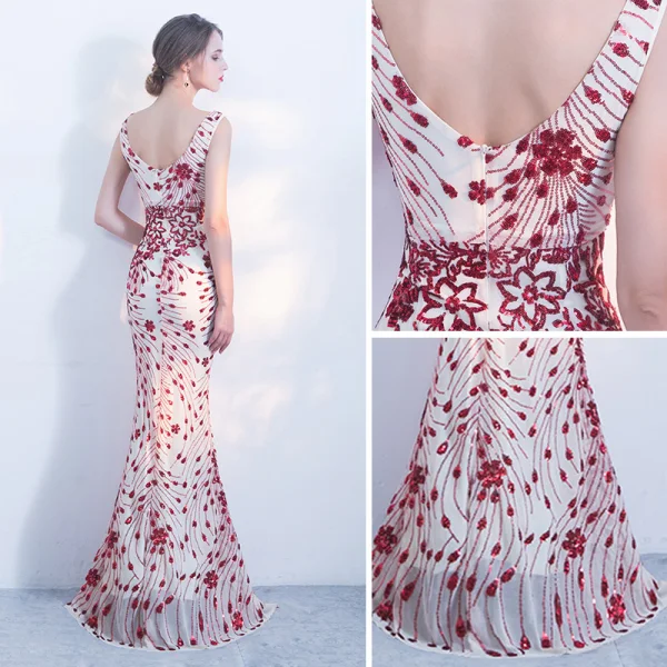 Sexy Burgundy Champagne Formal Dresses 2018 Trumpet / Mermaid Sequins V-Neck Backless Sleeveless Floor-Length / Long Evening Dresses