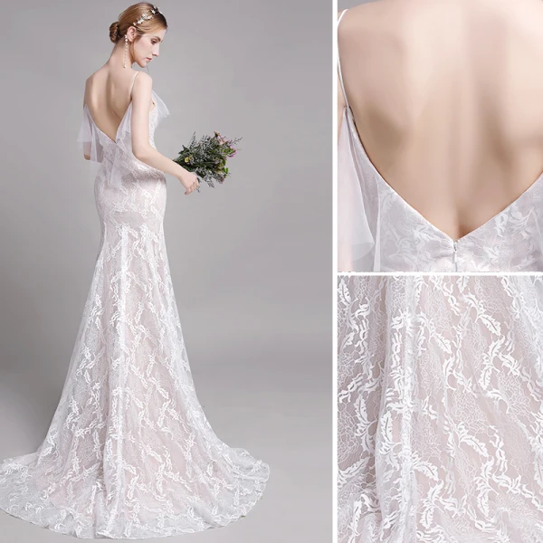 Charmant Champagne Plage Robe De Mariée 2019 Trompette / Sirène Bretelles Spaghetti En Dentelle Fleur Sans Manches Dos Nu Train De Balayage