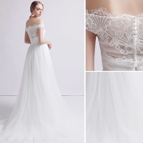 Edles Weiß Brautkleider / Hochzeitskleider 2019 A Linie Off Shoulder Perle Spitze Blumen Ärmellos Rückenfreies Sweep / Pinsel Zug