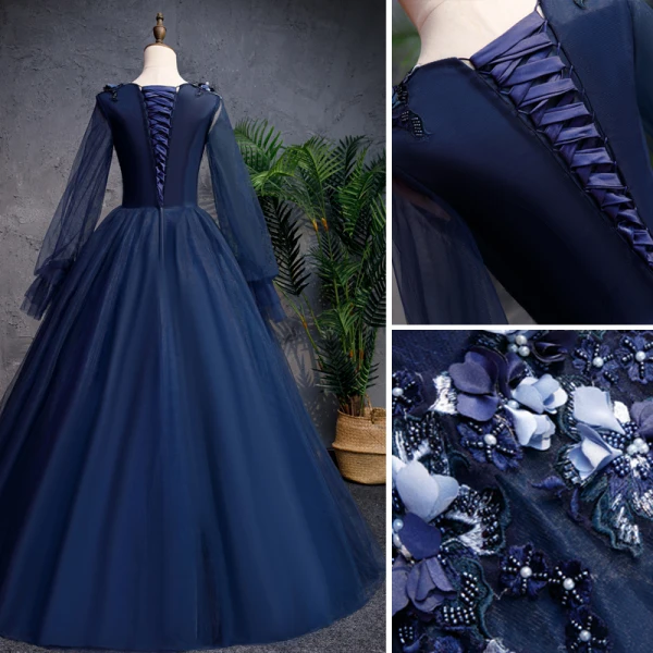 Vintage / Retro Navy Blue Prom Dresses 2019 A-Line / Princess Scoop Neck Beading Appliques Lace Flower Long Sleeve Backless Floor-Length / Long Formal Dresses