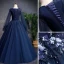 Vintage / Retro Navy Blue Prom Dresses 2019 A-Line / Princess Scoop Neck Beading Appliques Lace Flower Long Sleeve Backless Floor-Length / Long Formal Dresses