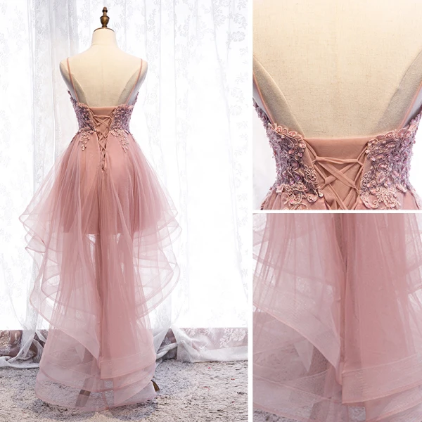 Chic / Belle Perle Rose Robe De Cocktail 2019 Princesse Bretelles Spaghetti Perlage Paillettes En Dentelle Fleur Sans Manches Dos Nu Asymétrique Robe De Ceremonie