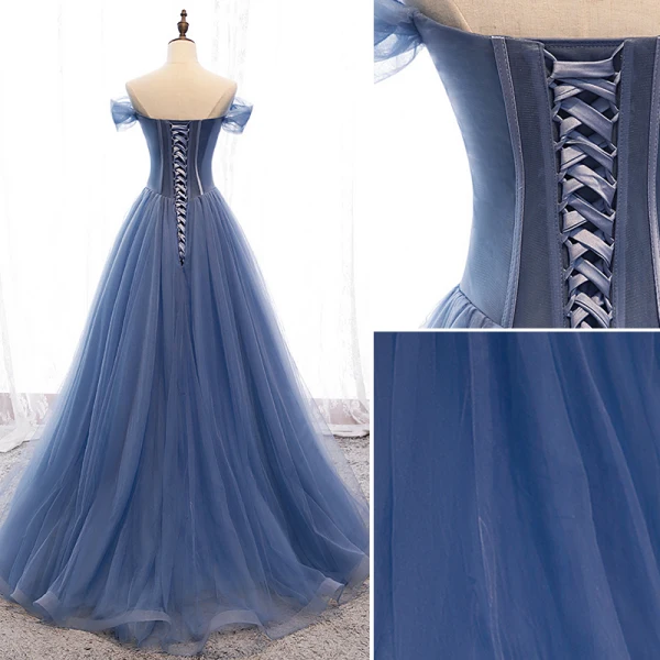 Edles Meeresblau Abendkleider 2019 A Linie Off Shoulder Perlenstickerei Kristall Ärmellos Rückenfreies Sweep / Pinsel Zug Festliche Kleider