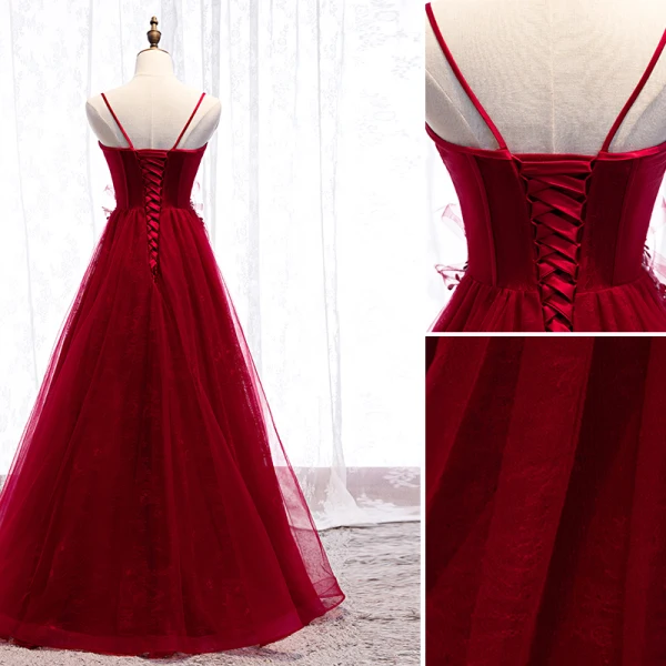 Chic / Beautiful Burgundy Evening Dresses 2019 A-Line / Princess Spaghetti Straps Beading Lace Flower Appliques Sleeveless Backless Floor-Length / Long Formal Dresses