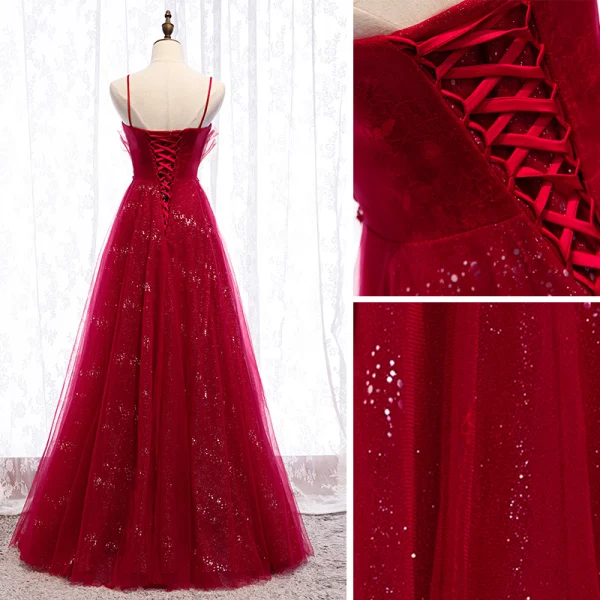 Charmant Bordeaux Robe De Soirée 2019 Princesse Bretelles Spaghetti Cristal En Dentelle Fleur Faux Diamant Sans Manches Dos Nu Longue Robe De Ceremonie