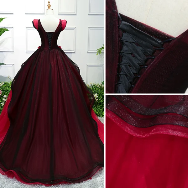 Vintage / Retro Black Red Prom Dresses 2019 Ball Gown V-Neck Lace Flower  Appliques Sleeveless Backless