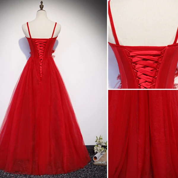 Chic Couleur Unie Rouge Robe De Soirée 2019 Princesse Bretelles Spaghetti Perlage En Dentelle Fleur Appliques Perle Sans Manches Dos Nu Longue Robe De Ceremonie
