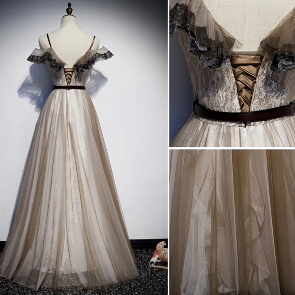 Chic / Belle Kaki Robe De Soirée 2019 Princesse Bretelles Spaghetti Ceinture En Dentelle Fleur Manches Courtes Dos Nu Longue Robe De Ceremonie