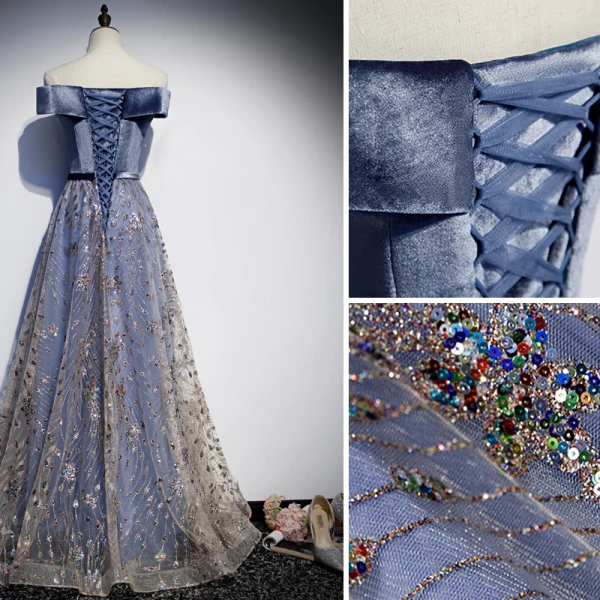 Charmant Marineblau Abendkleider 2019 A Linie Off Shoulder Glanz Tülle Pailletten Ärmellos Rückenfreies Lange Festliche Kleider