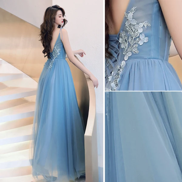 Chic / Beautiful Sky Blue Evening Dresses 2019 A-Line / Princess Sleeveless Beading Lace Flower Appliques Spaghetti Straps Backless Floor-Length / Long Formal Dresses