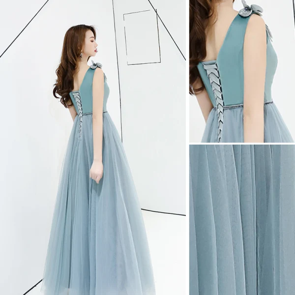 Chic / Beautiful Jade Green Evening Dresses 2019 A-Line / Princess Suede V-Neck Lace Flower Sleeveless Backless Floor-Length / Long Formal Dresses