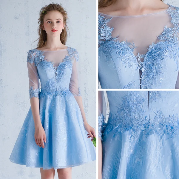 Chic / Beautiful Sky Blue Homecoming Graduation Dresses 2018 A-Line / Princess Appliques Scoop Neck Backless 1/2 Sleeves Short Formal Dresses