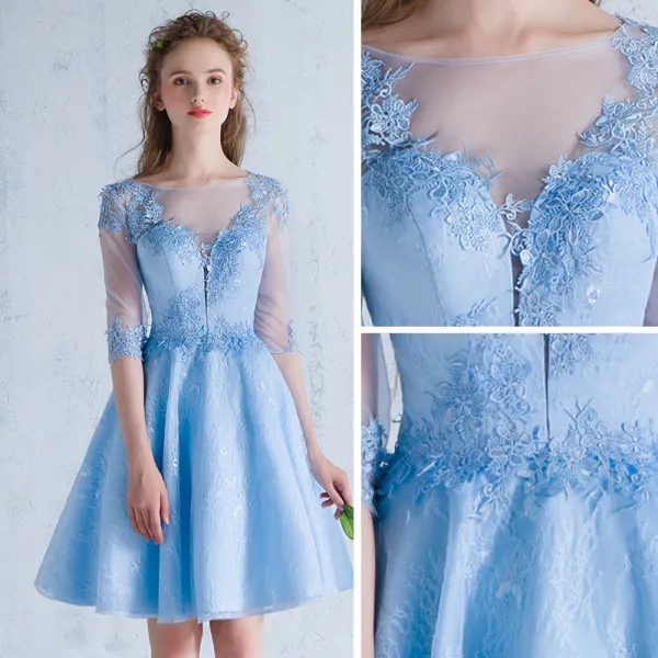 Hermoso Azul Cielo de fiesta Vestidos de graduacion 2018 A Line Princess Apliques Scoop Escote Sin Espalda 1 2 AErmer Cortos Vestidos Formales