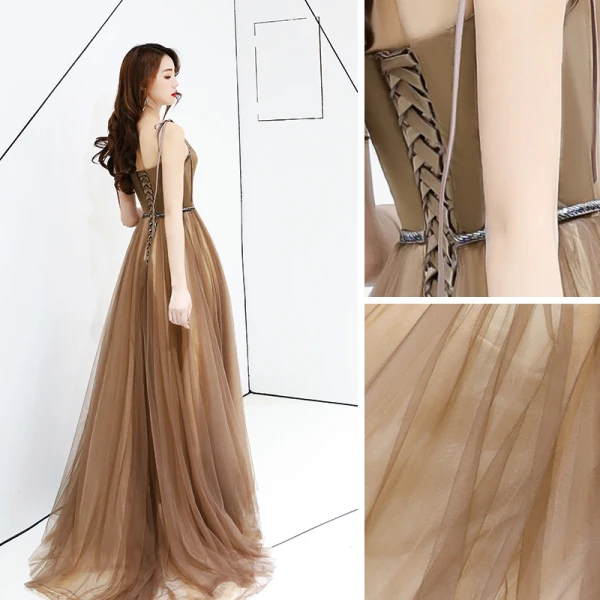 Chic / Belle Marron Robe De Soirée 2019 Princesse Bretelles Spaghetti Sans Manches Dos Nu Longue Robe De Ceremonie