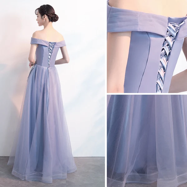 Charmant Lavande Robe De Soirée 2019 Princesse De l'épaule Perlage Perle En Dentelle Fleur Manches Courtes Dos Nu Longue Robe De Ceremonie