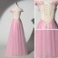 Chic / Belle Rose Bonbon Robe De Bal 2019 Princesse De l'épaule Perlage Perle En Dentelle Fleur Appliques Manches Courtes Dos Nu Longue Robe De Ceremonie