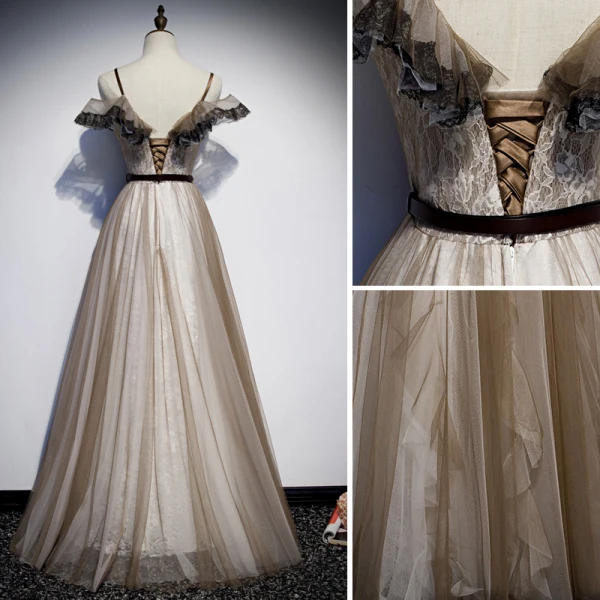 Chic Kaki Robe De Soirée 2019 Princesse Bretelles Spaghetti Ceinture En Dentelle Fleur Sans Manches Dos Nu Longue Robe De Ceremonie