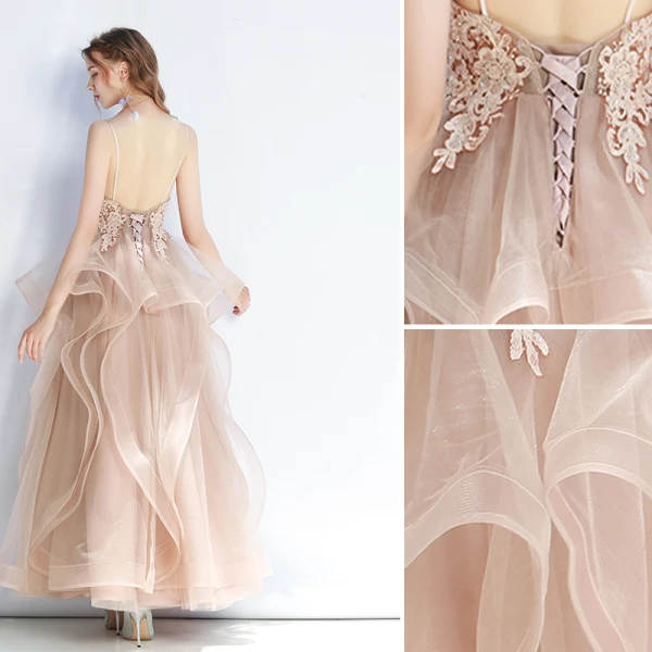Chic / Belle Kaki Robe De Soirée 2019 Princesse Bretelles Spaghetti En Dentelle Fleur Sans Manches Dos Nu Volants en Cascade Longue Robe De Ceremonie