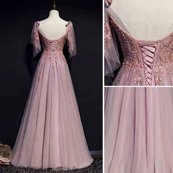 Charmant Rougissant Rose Robe De Soirée 2019 Princesse Bretelles Spaghetti Noeud Perlage En Dentelle Fleur Sans Manches Dos Nu Longue Robe De Ceremonie