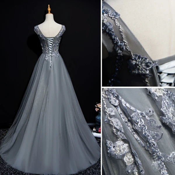 Chic Gris Robe De Soirée 2019 Princesse Encolure Dégagée Perlage Perle Paillettes En Dentelle Fleur Sans Manches Train De Balayage Robe De Ceremonie