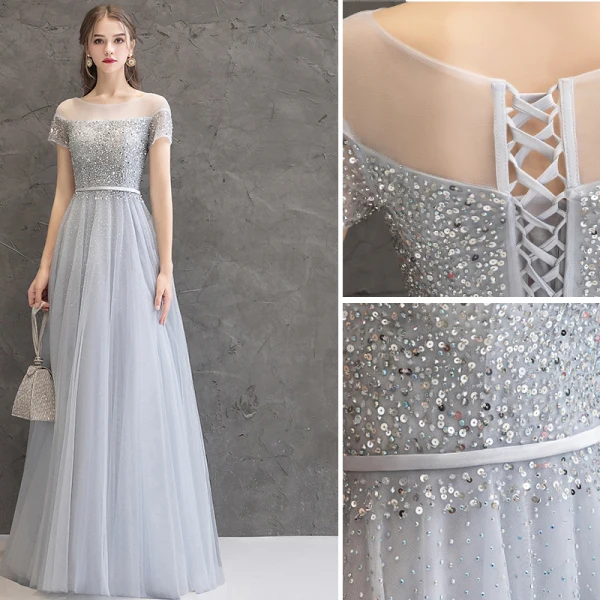 Sparkly Grey Evening Dresses 2019 A-Line / Princess Scoop Neck Beading Sequins Sash Short Sleeve Floor-Length / Long Formal Dresses