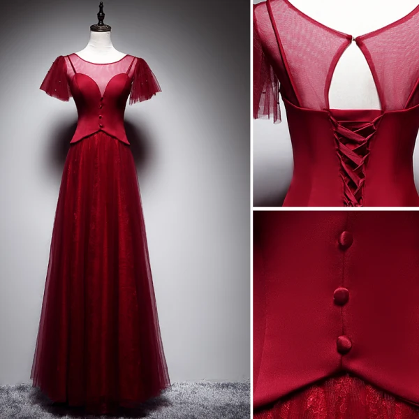 Chic / Belle Bordeaux Robe De Soirée 2019 Princesse Encolure Dégagée Manches Courtes Dos Nu Longue Robe De Ceremonie