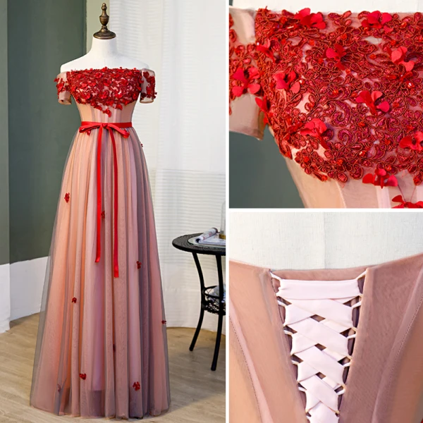 Charmant Rougissant Rose Robe De Soirée 2019 Princesse De l'épaule Cristal En Dentelle Fleur Appliques Manches Courtes Dos Nu Noeud Longue Robe De Ceremonie