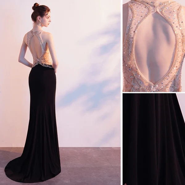 Charmant Noire Robe De Soirée 2019 Trompette / Sirène Encolure Dégagée Perlage Faux Diamant Paillettes Sans Manches Dos Nu Train De Balayage Robe De Ceremonie