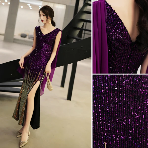 Charmant Violet Dégradé De Couleur Robe De Ceremonie 2019 Trompette / Sirène V-Cou Paillettes Sans Manches Dos Nu Longueur Cheville Robe De Soirée