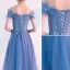 Chic / Beautiful Sky Blue Evening Dresses  2019 A-Line / Princess Off-The-Shoulder Beading Pearl Lace Flower Short Sleeve Backless Floor-Length / Long Formal Dresses