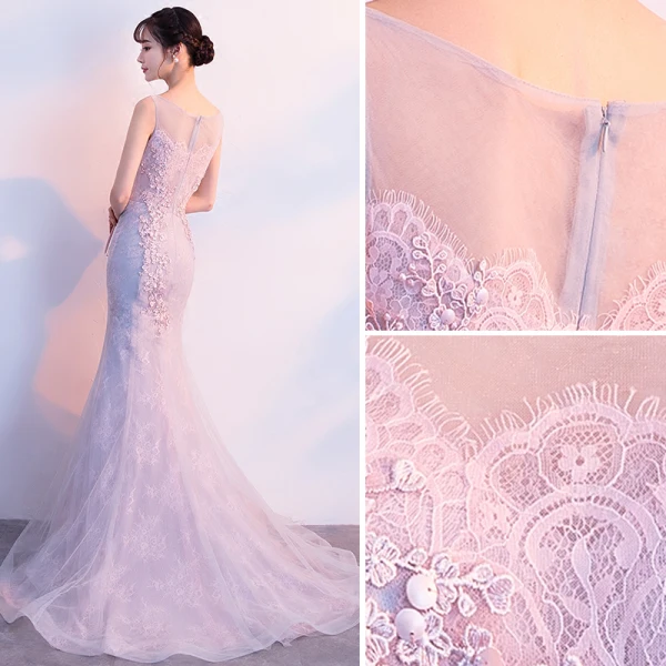 Chic / Belle Rougissant Rose Robe De Soirée 2019 Trompette / Sirène Encolure Dégagée Paillettes En Dentelle Fleur Sans Manches Train De Balayage Robe De Ceremonie